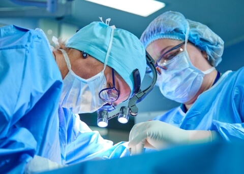 Surgeon and assistant performing a procedure